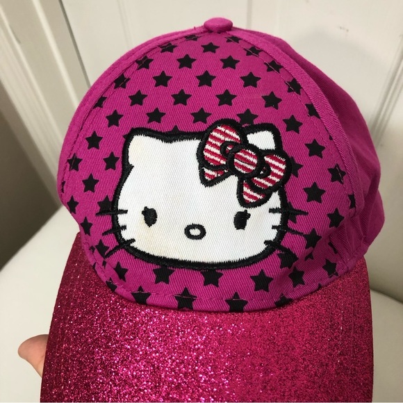 Hello Kitty Sanrio Glitter Stars Hot Pink Black Hat Cap Adjustable Youth Teen - Picture 6 of 13